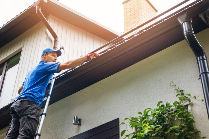 Gutter cleaner on ladder cleaning house gutters along the roofline